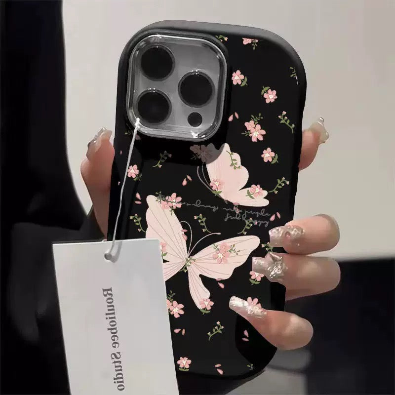 Pink butterfly black floral design Case For Iphones