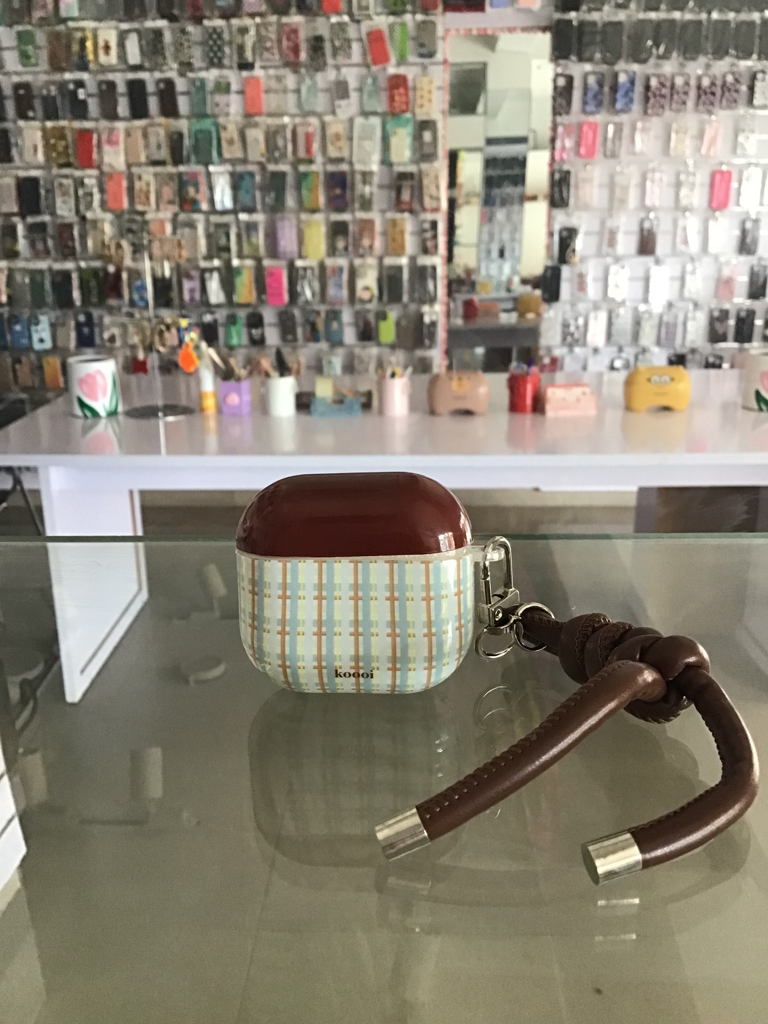 Plaid Brown AirPods Case with Braided Knot Keychain