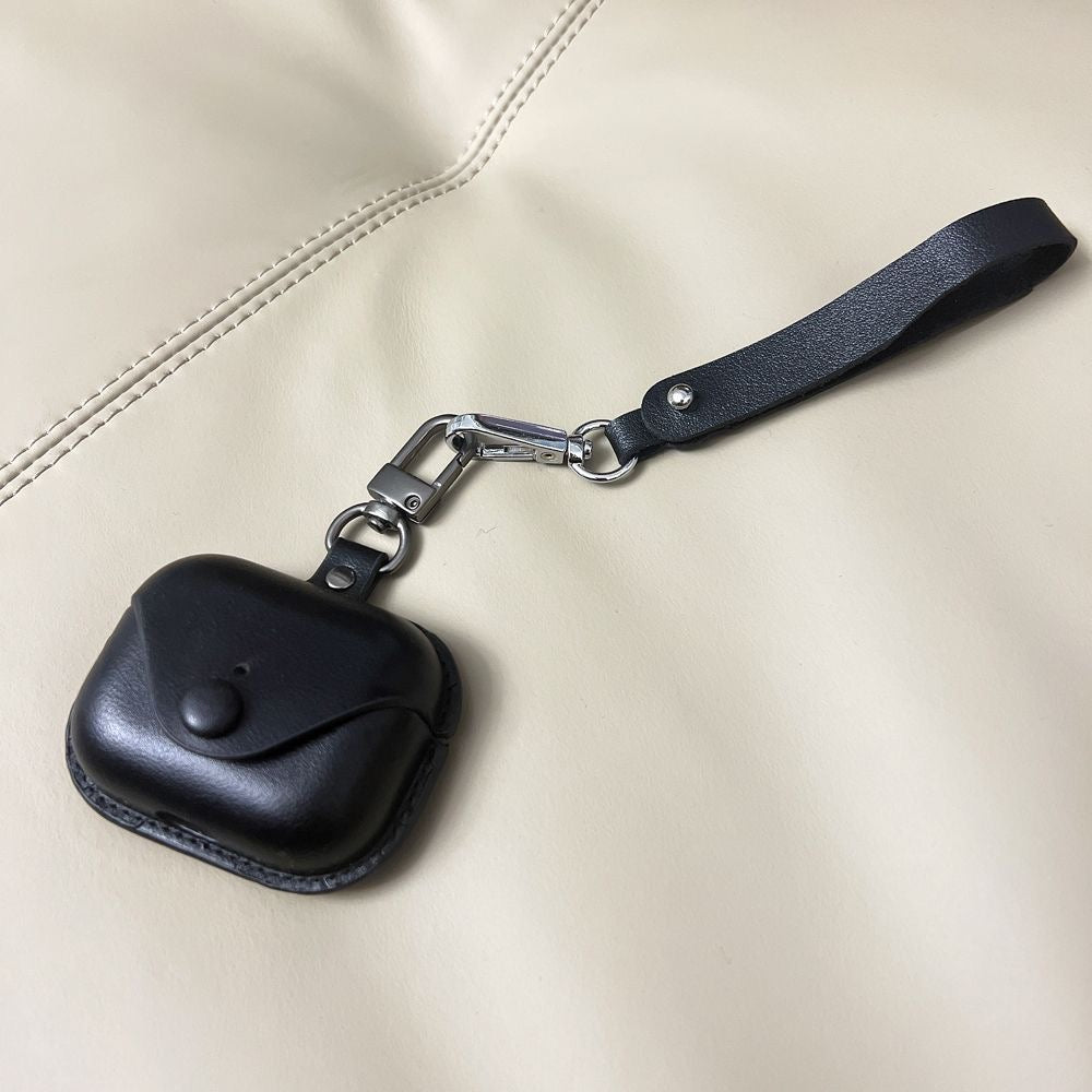 Classic Black Leather AirPods Case with Wrist Strap