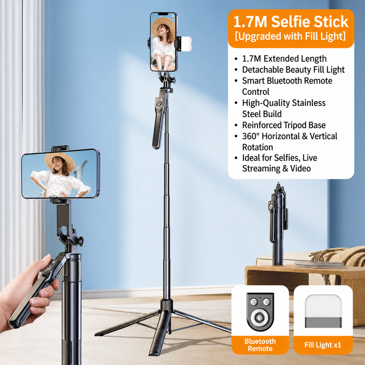 1.7M Anti-Shake Selfie Stick Tripod