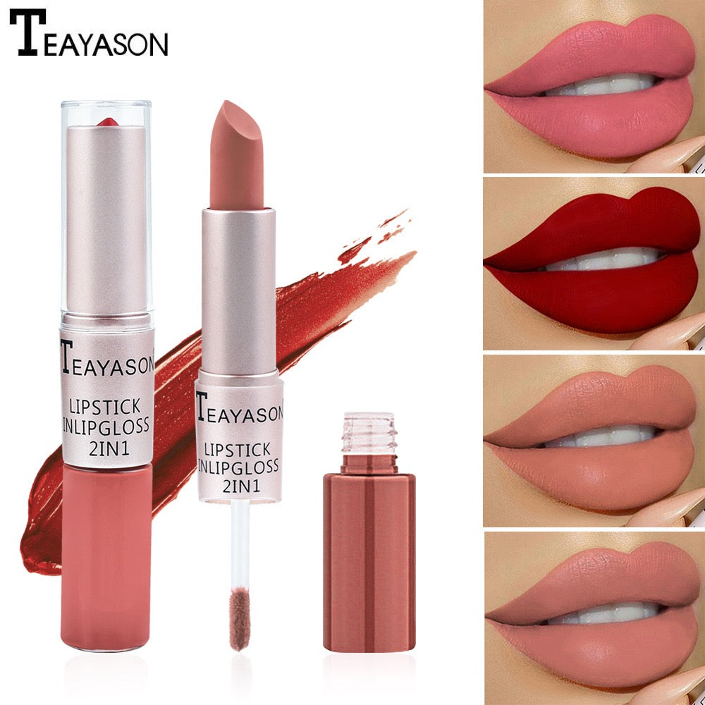 Cross-Border Double-Ended Non-Stick Lip Gloss Two-In-One Matte Bean Paste Non-Fading Dip Cup Lipstick