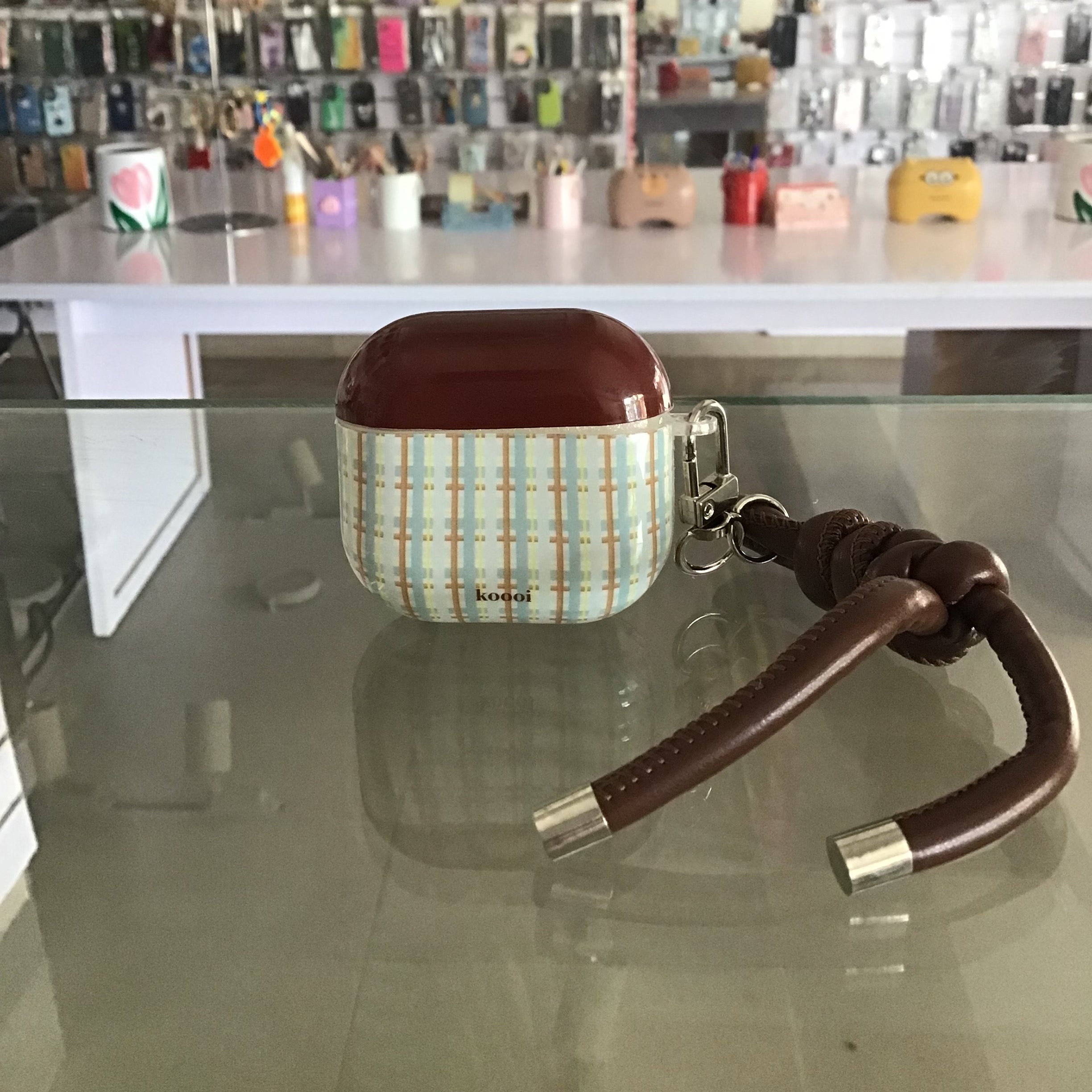 Plaid Brown AirPods Case with Braided Knot Keychain
