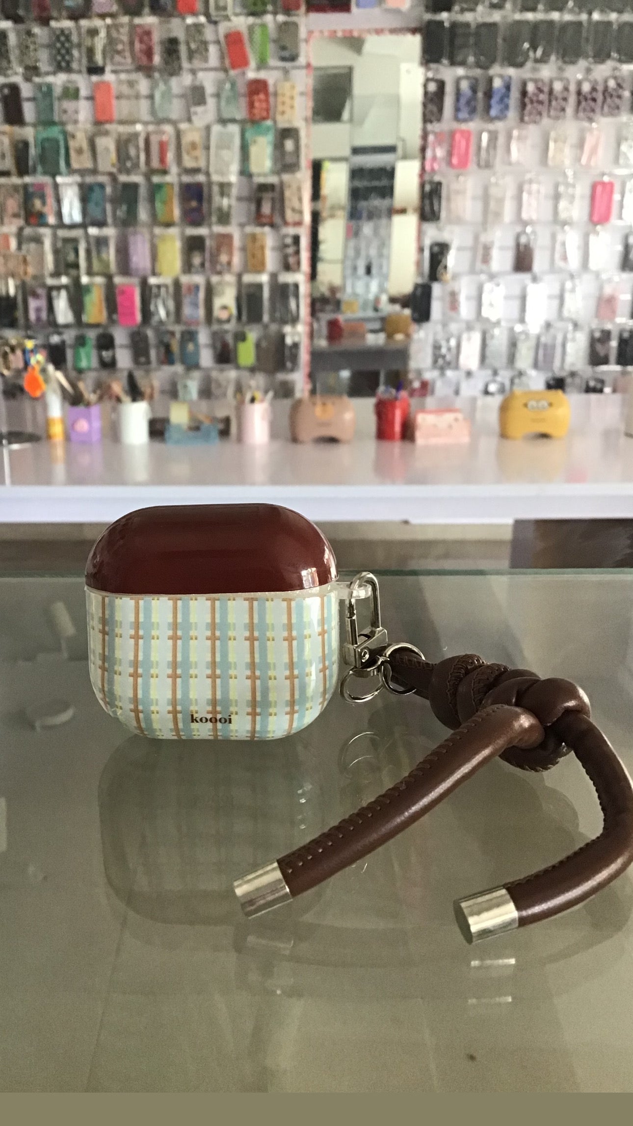 Plaid Brown AirPods Case with Braided Knot Keychain