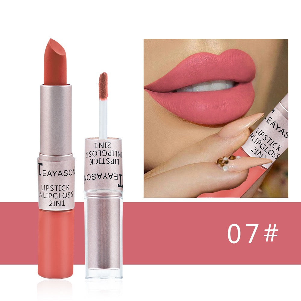 Cross-Border Double-Ended Non-Stick Lip Gloss Two-In-One Matte Bean Paste Non-Fading Dip Cup Lipstick