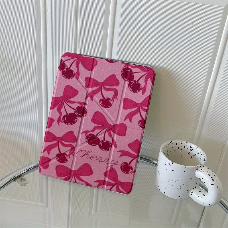Pink Cherry Bow iPad Case with Pencil Holder