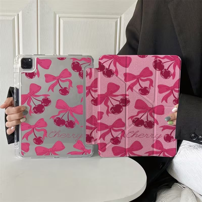 Pink Cherry Bow iPad Case with Pencil Holder