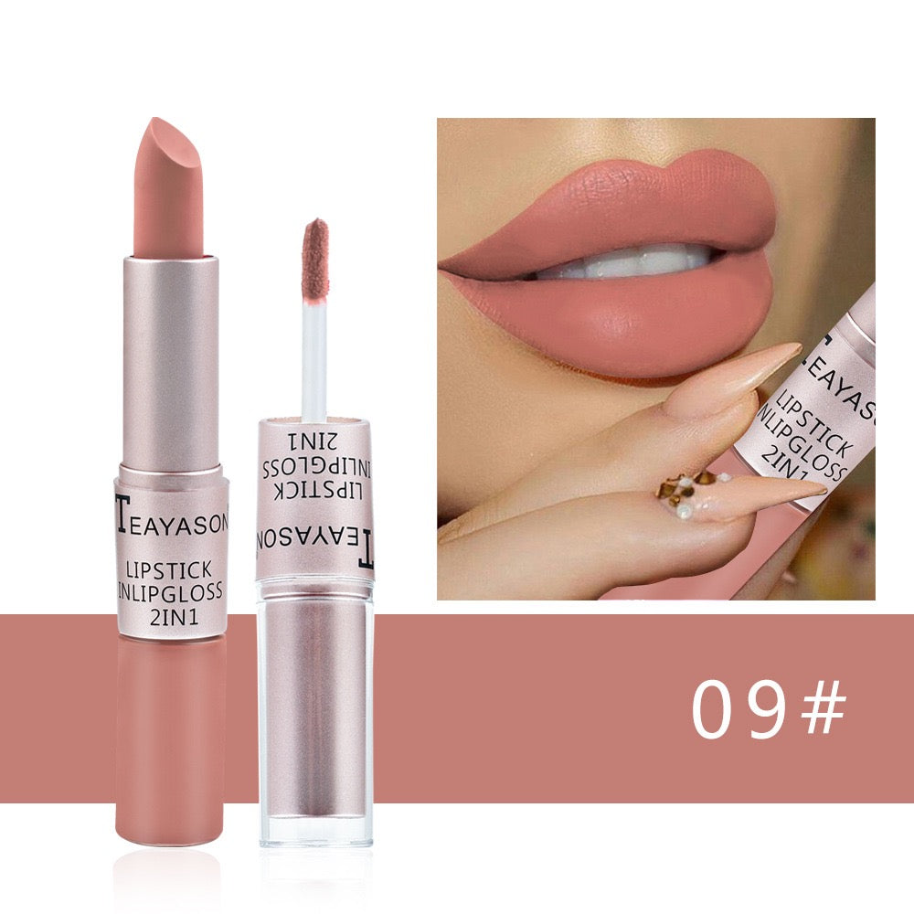 Cross-Border Double-Ended Non-Stick Lip Gloss Two-In-One Matte Bean Paste Non-Fading Dip Cup Lipstick