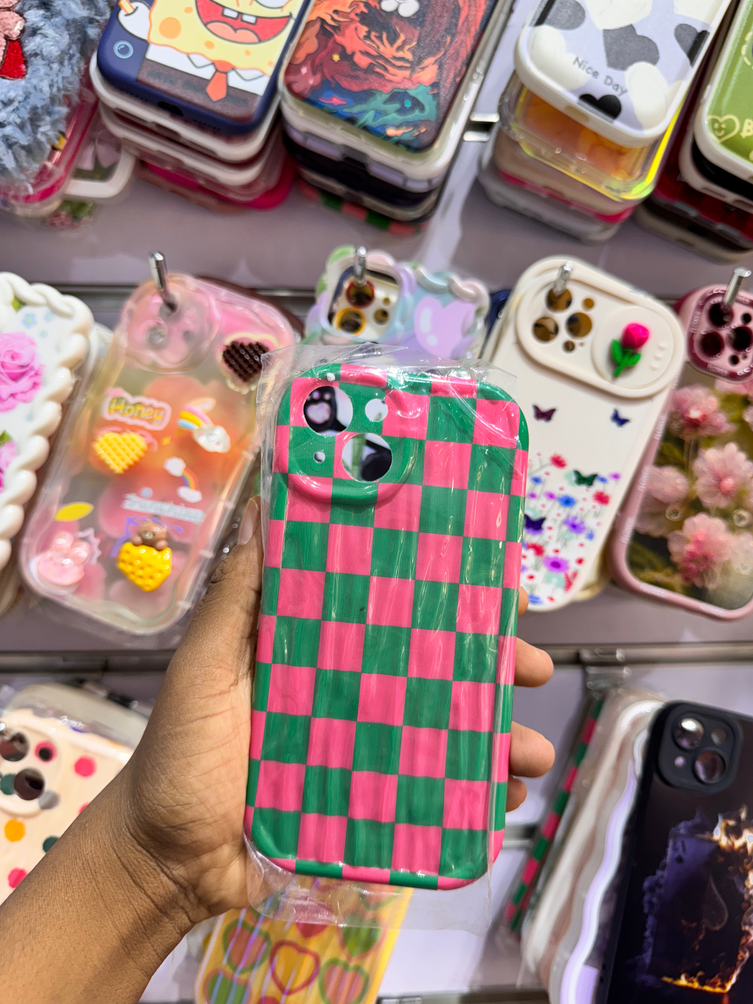 Green Pink Grid Case For iPhones