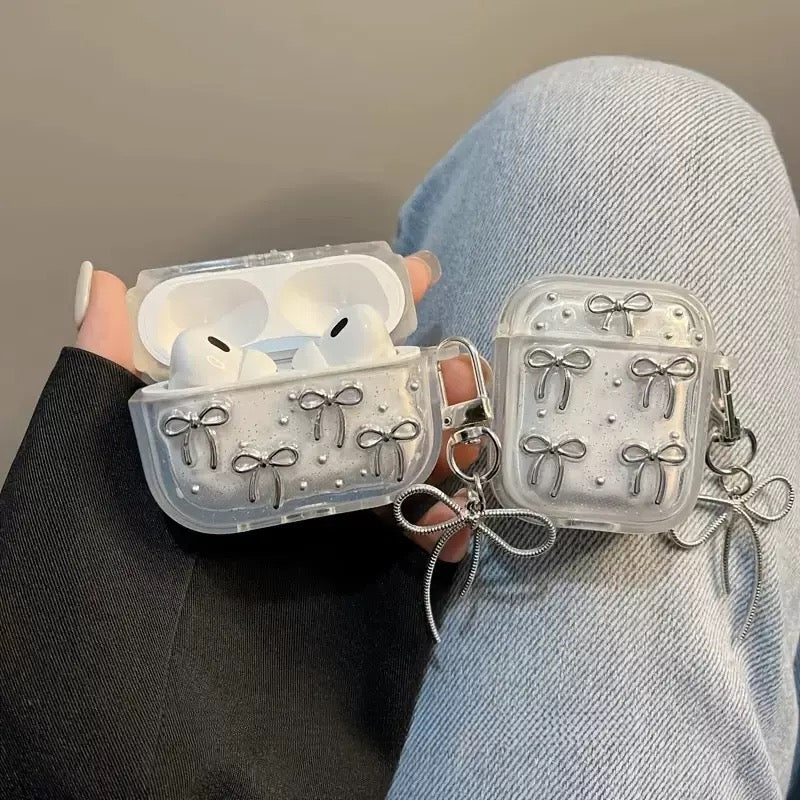 Silver Bow Charm AirPods Case