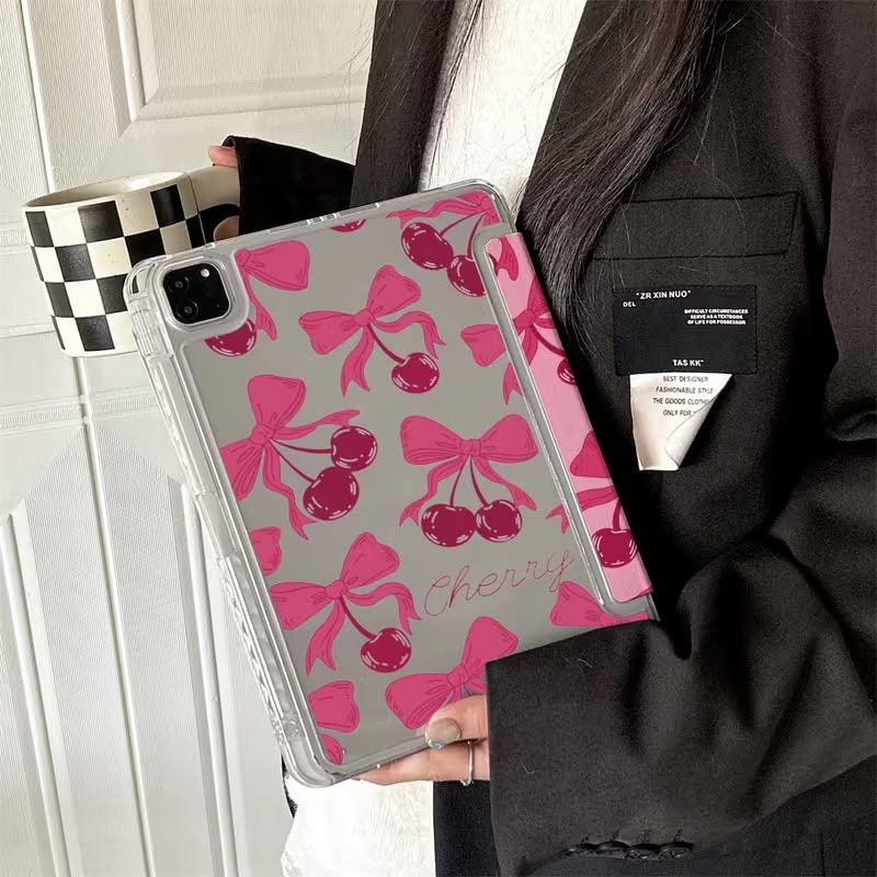 Pink Cherry Bow iPad Case with Pencil Holder