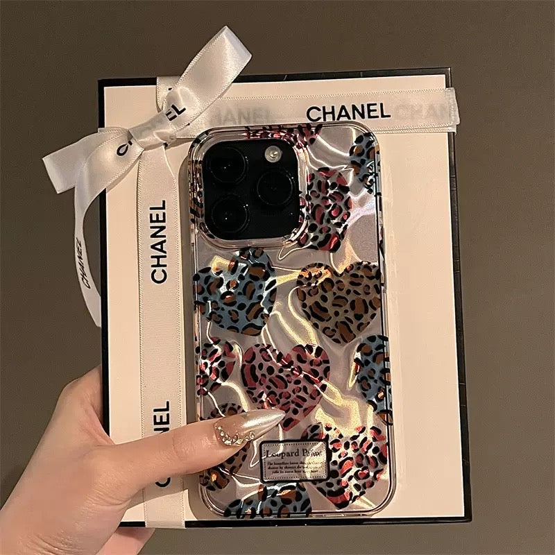 Silver Leopard print heart apple phone case For Iphone