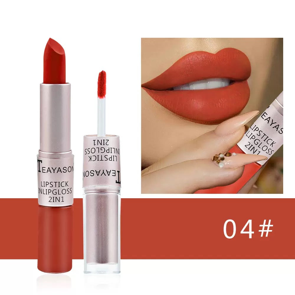 Cross-Border Double-Ended Non-Stick Lip Gloss Two-In-One Matte Bean Paste Non-Fading Dip Cup Lipstick