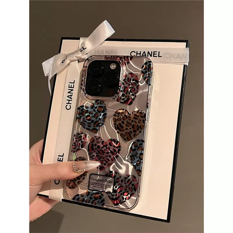 Silver Leopard print heart apple phone case For Iphone