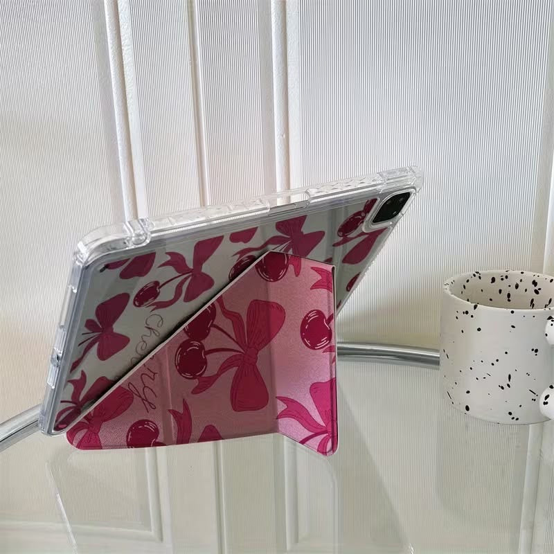 Pink Cherry Bow iPad Case with Pencil Holder