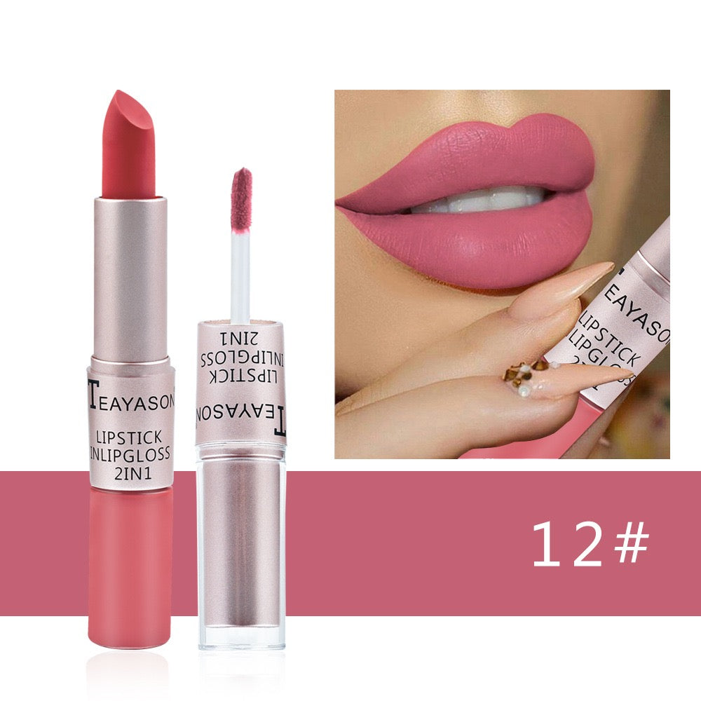 Cross-Border Double-Ended Non-Stick Lip Gloss Two-In-One Matte Bean Paste Non-Fading Dip Cup Lipstick