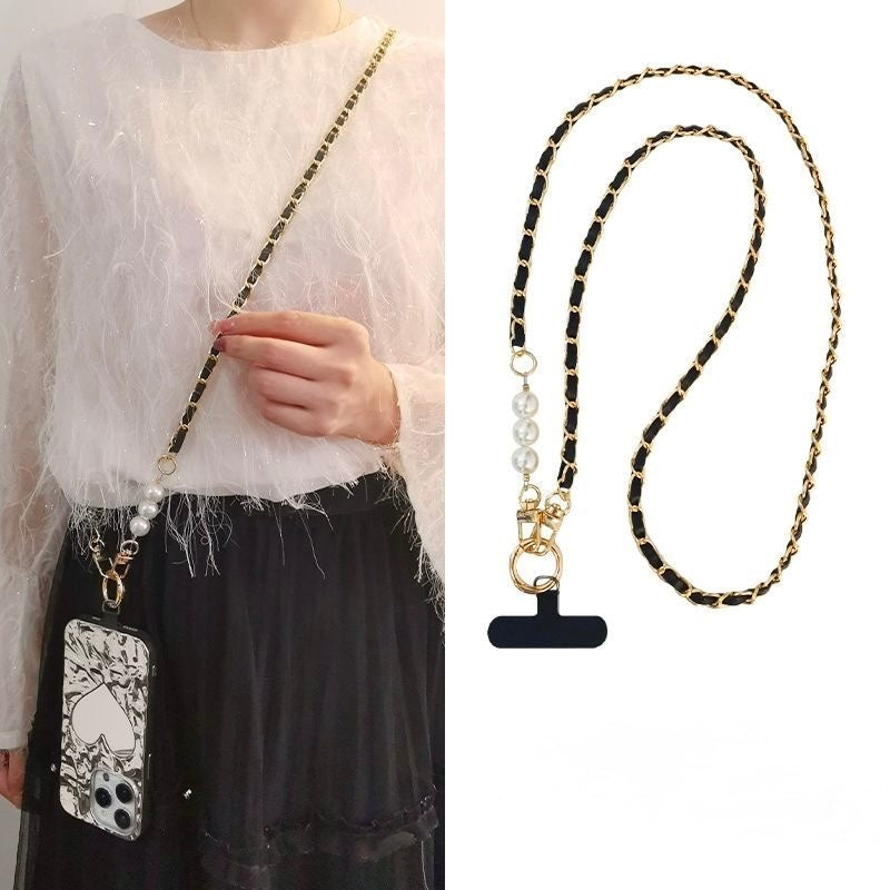 Black & Gold Chain Crossbody Phone Strap with Pearl Detail
