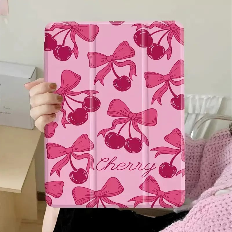 Pink Cherry Bow iPad Case with Pencil Holder