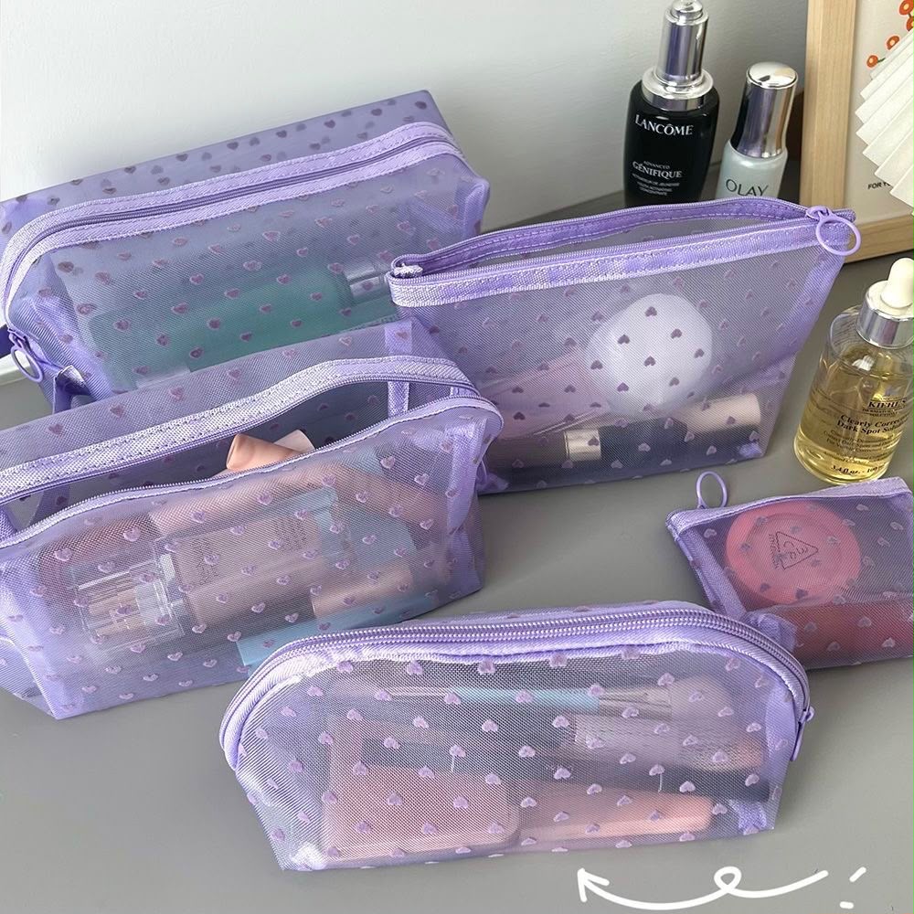 Purple Heart Mesh Makeup Bag set